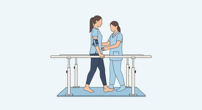 Physical therapist assisting patient walking with parallel bars for rehabilitation.