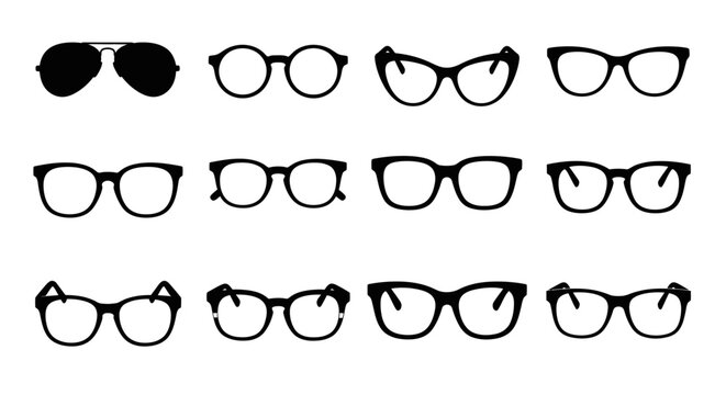 Variety of black eyeglass frames and fashion sunglasses silhouettes for optical vision designs and retail branding