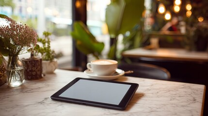 Fototapeta premium Modern digital tablet resting on a marble table beside a warm cup of coffee in a cozy cafe setting with soft blurred background lighting and plants