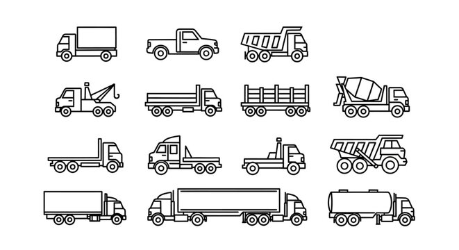 Collection of commercial transport vehicle line icons including delivery trucks, dump trucks, and semi trailers for logistics