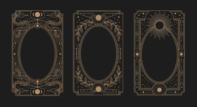 Mystical tarot card frames with celestial sun and moon symbols, set of 3 esoteric gold line art borders, occult celestial vector frames for divination