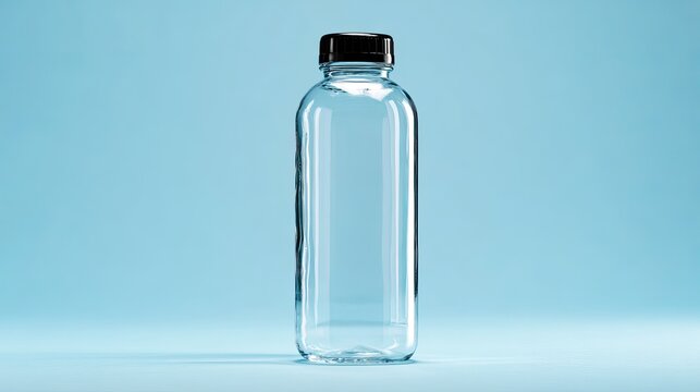 Empty transparent plastic water bottle with a black cap standing upright against a solid light blue background for commercial product advertising purposes