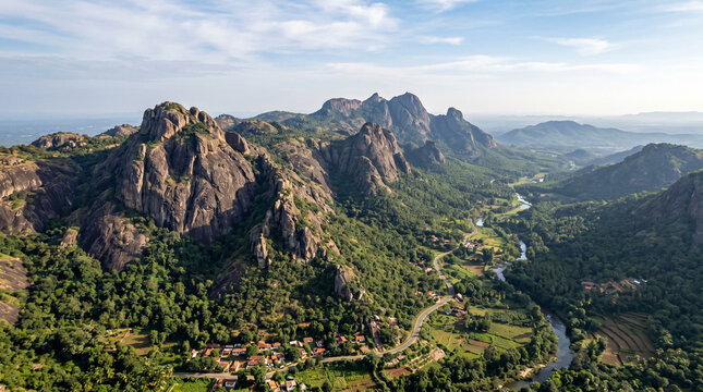 Aerial beautiful view of rocky hill mountain, Southern India.
