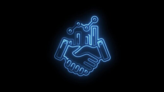 Blue neon handshake icon with bar graph and data chart overlay symbolizing business growth