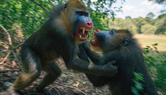 Aggressive Alpha Male Mandrill (Mandrillus sphinx) fighting with other mandrill in the forest, African savannah, Botswana.
