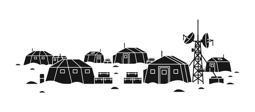 A black and white illustration of a research outpost or scientific base in a snowy, remote location, featuring tents, storage crates, and communication equipment