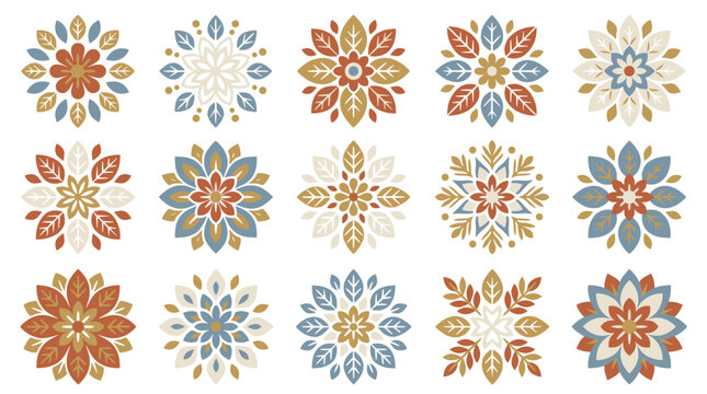 Set of abstract pixel floral or snowflake patterns, geometric ethnic ornaments in blue, orange, and beige, perfect for folk art or textile design