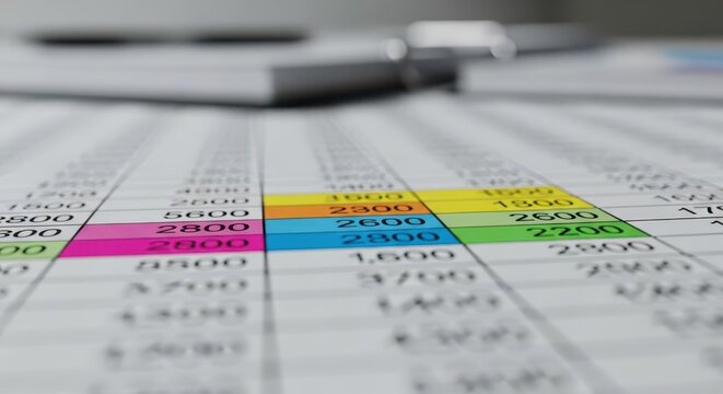 Detailed financial spreadsheet with colorful highlighted data entries, offering a clear view of fiscal information.