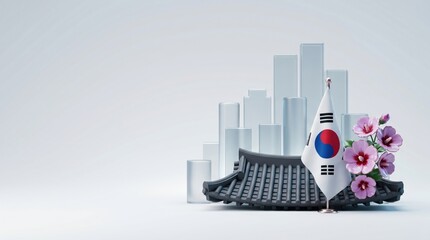 Republic of Korea Liberation Day symbol with Korean flag and traditional architecture