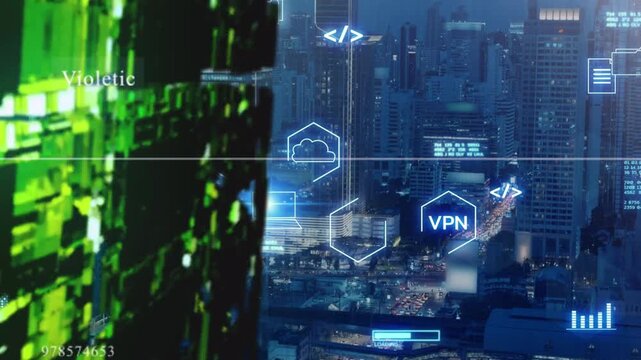 Futuristic cityscape with glowing vpn and cloud security icons at night