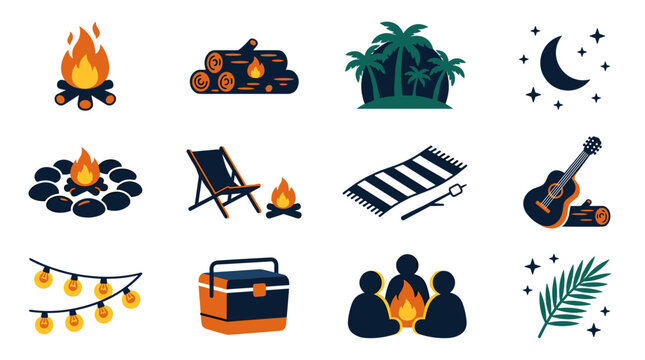 Pixel art camping elements, bonfire, campfire, beach, moonlight, guitar, cooler, and party lights