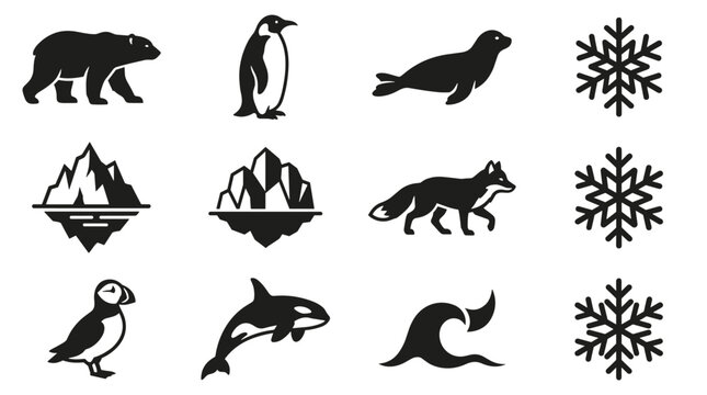 Pixel art collection of arctic animals including polar bear, penguin, fox, and puffin with snowflakes and icebergs