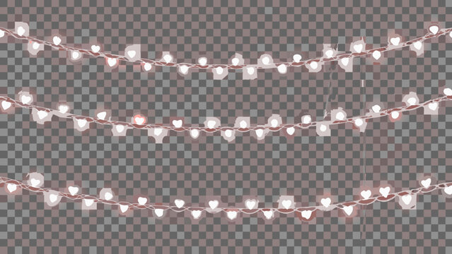 Heart shaped string lights with glowing bulbs on transparent background