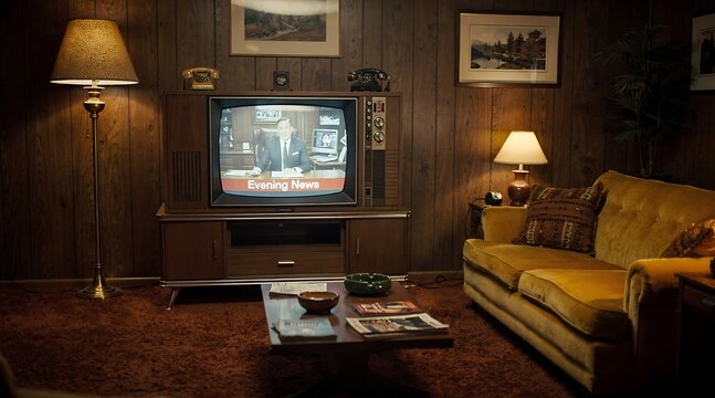 Retro 1970s living room with wood paneling and CRT TV.