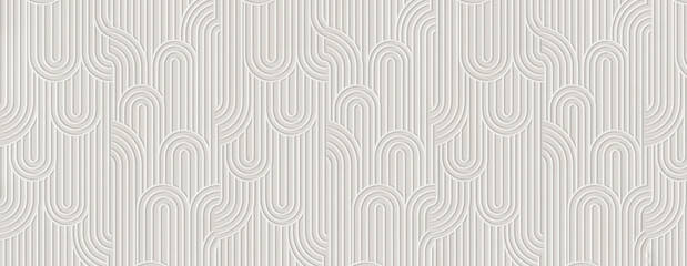 seamless 3D wallpaper texture featuring an embossed, interlocking geometric Art Deco pattern of arches and vertical lines. © Sambsadashiv