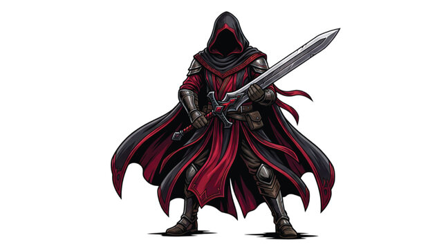 Hooded warrior in red and black armor holding a massive broadsword, dark fantasy character illustration