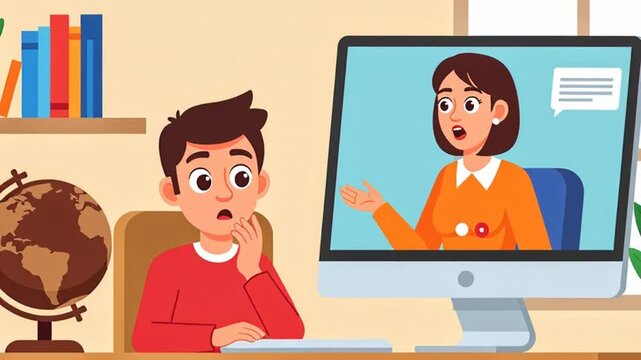Boy student attending an online virtual class with a teacher. 4k video