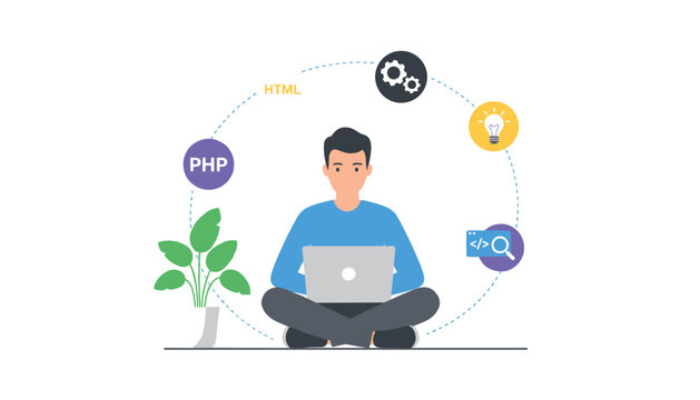 Male software developer sitting cross-legged with a laptop surrounded by coding icons like PHP, HTML, and gears in a circular path.
