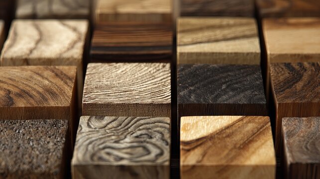 Detailed close up view of various polished wooden blocks showing unique natural grain patterns and textures arranged in a grid for interior material selection
