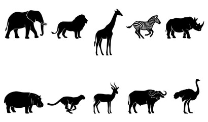 Diverse African savanna wildlife silhouette collection featuring zoo animals and nature conservation vector icons set © Emdadul