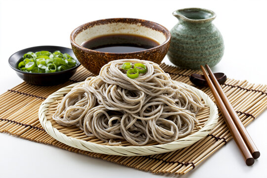 Cold Soba Noodles Isolated on White Background