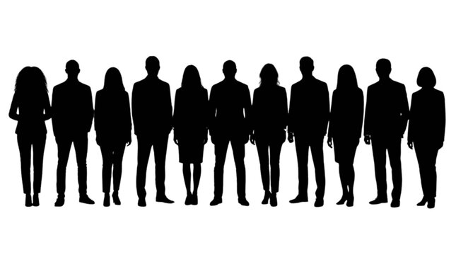 A large group of diverse business people standing in a straight line together as a silhouette isolated on transparent background, Vector