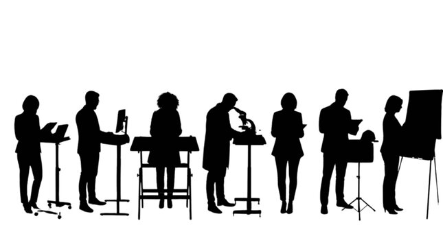 Black silhouettes of diverse professional scientists and researchers working in a laboratory isolated on transparent background, Vector