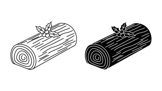 Christmas log cake icons, also known as buche de no&euml;l, featuring holly leaves and berries. The image displays two distinct styles: one in outline and the other in solid black.