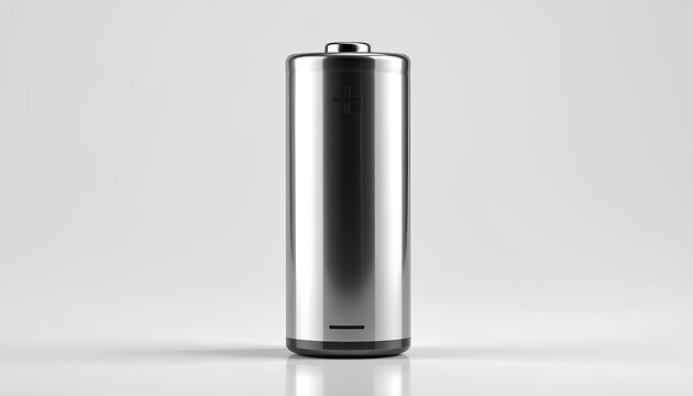 Metallic silver AA battery on light grey background, industrial energy 3d render. aa batteries isolated on white