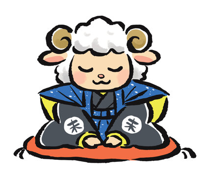 袴姿で新年のあいさつをする福助姿の干支の未（羊）