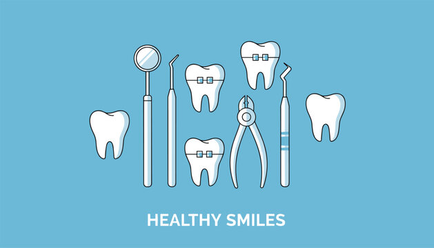Dental care concept featuring teeth with orthodontic braces and dentists instruments under healthy smiles text.