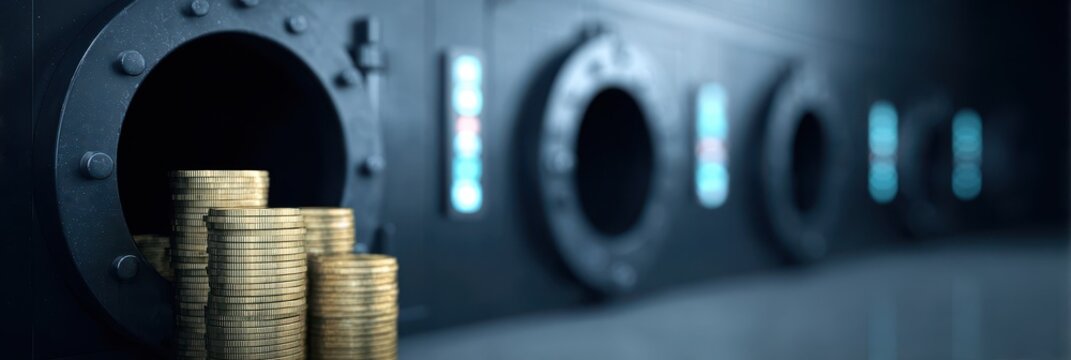 The heavy doors of a bank open to reveal money and a coin that were part of a long term market investment to boost national finance and revenue.