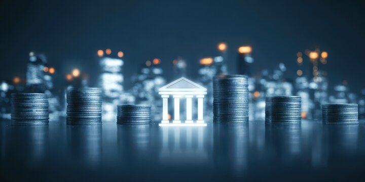 A futuristic city fueled by finance and revenue shows a bank where money and a coin are the foundation of every major market investment made today.