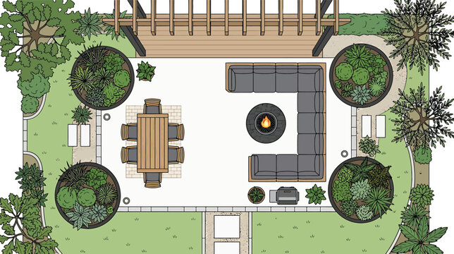 Top down landscape design plan featuring a patio with dining area fire pit and garden beds vector
