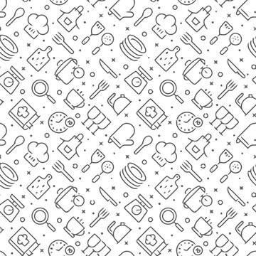 Seamless kitchen icon pattern with culinary tools, minimalist background