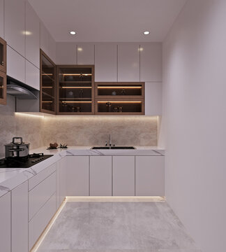 Modern kitchen room interior design and 3d rendering