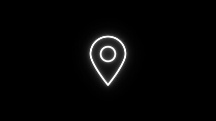 Glowing white neon location pin icon on a dark black background © Icon Stocks
