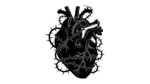 Black Heart and Thorns: A stark, graphic illustration depicts a human heart entwined with sharp thorns, symbolizing pain, suffering, and a broken spirit.