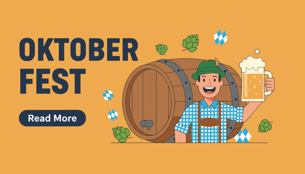 Vibrant orange oktoberfest banner featuring happy man in traditional clothing holding beer mug next to a large wooden barrel.