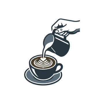 Hand pouring steamed milk coffee cup.