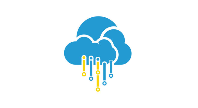 Blue cloud icon with data stream lines and circles.