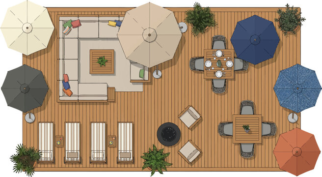 Top view of outdoor patio deck layout with furniture umbrellas and lounge chairs in vector illustration format
