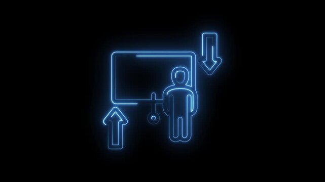 Neon blue outline of a person standing by a screen with up and down arrows indicating progress icon