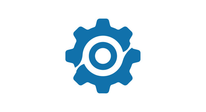 Blue mechanical gear wheel industrial logo icon.