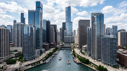 Naklejka premium Aerial View of Chicago Skyline and River on a Sunny Day