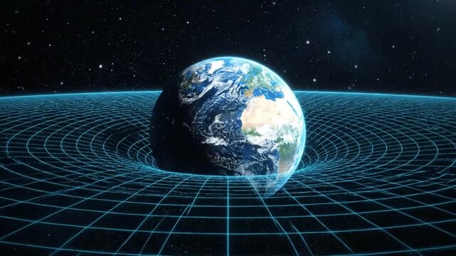 Earth distorting spacetime grid in deep space illustration.