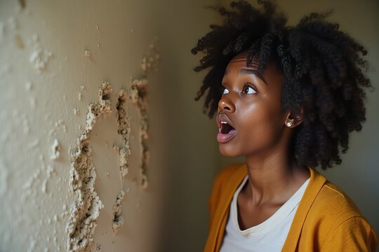 Portrait of a startled young Black woman discovering mold on her home's wall.