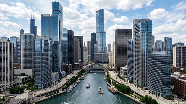 Aerial View of Chicago Skyline and River on a Sunny Day