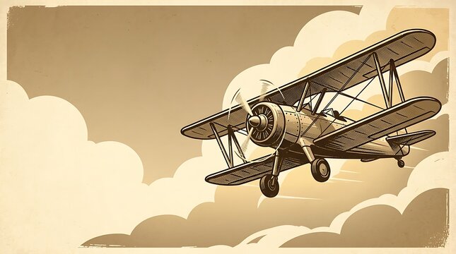 Vintage biplane aircraft flying through clouds in sepia tone
