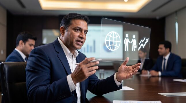 Dynamic Leadership Concept: Indian Corporate Presenter with Holographic Growth Icons in Premium Boardroom